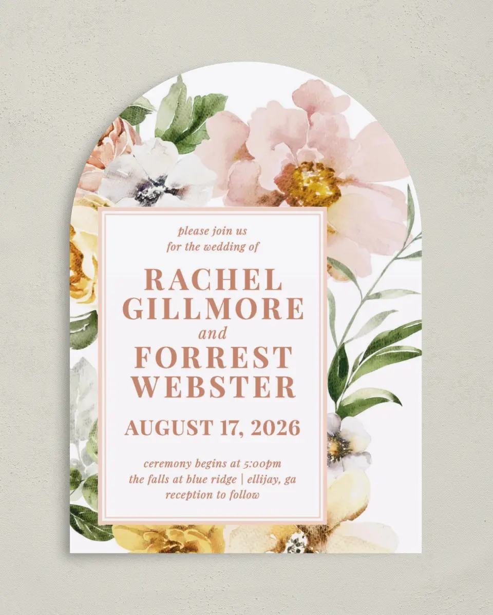 This is a 5" x 7" Arch Wedding Invitation called Gorgeous Blush printed in full color on Luxe Satin paper