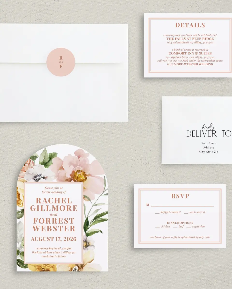 This is a 5" x 7" Arch Wedding Invitation called Gorgeous Blush printed in full color with Silver foil on Luxe Satin paper