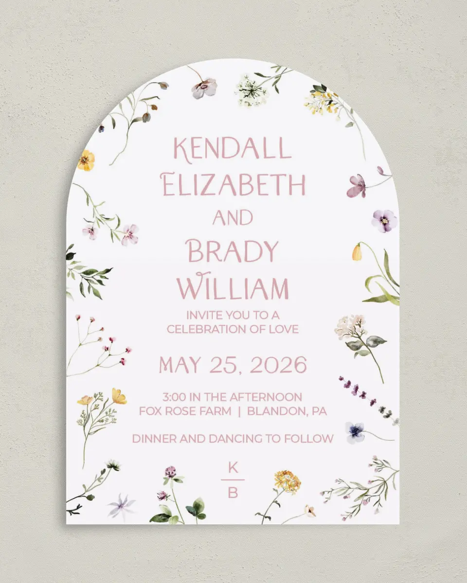 This is a 5" x 7" Arch Wedding Invitation called Efflorescence printed in full color on Luxe Satin paper