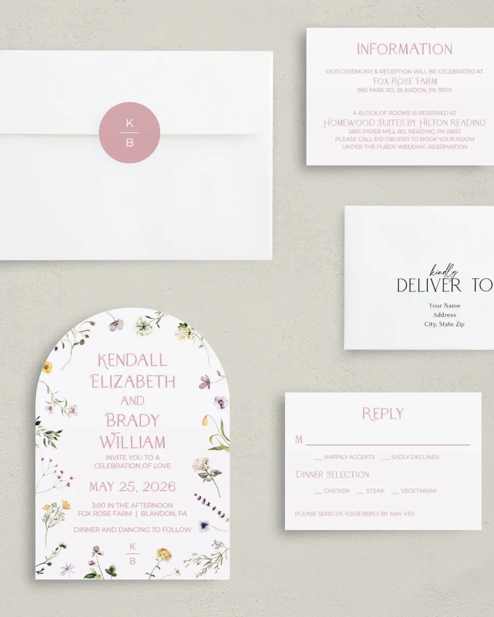 This is a 5" x 7" Arch Wedding Invitation called Efflorescence printed in full color with Silver foil on Luxe Satin paper