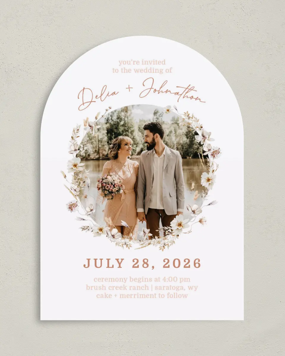 This is a 5" x 7" Arch Wedding Invitation called Petal Perfect printed in full color on Luxe Satin paper