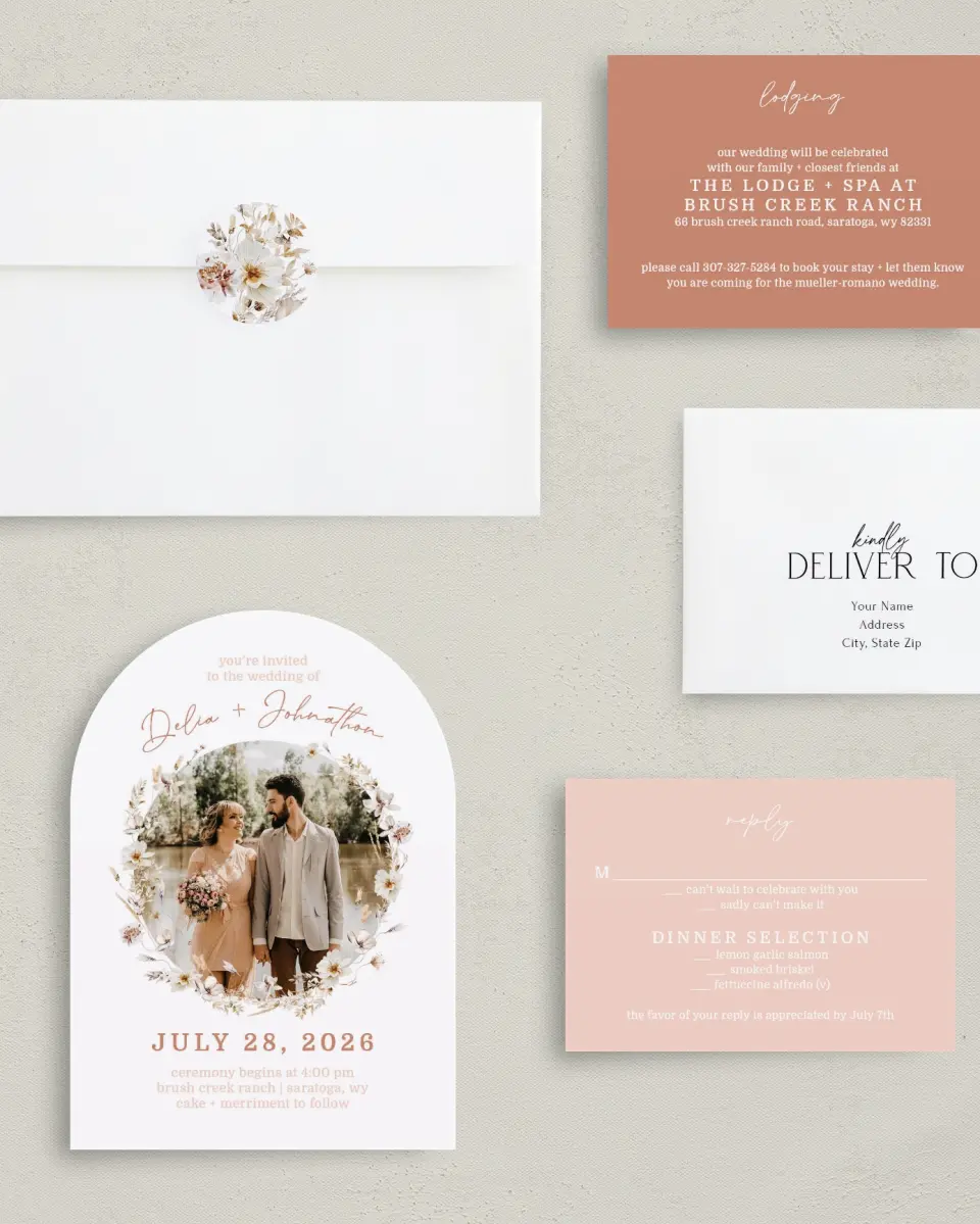 This is a 5" x 7" Arch Wedding Invitation called Petal Perfect printed in full color with Gold foil on Luxe Satin paper
