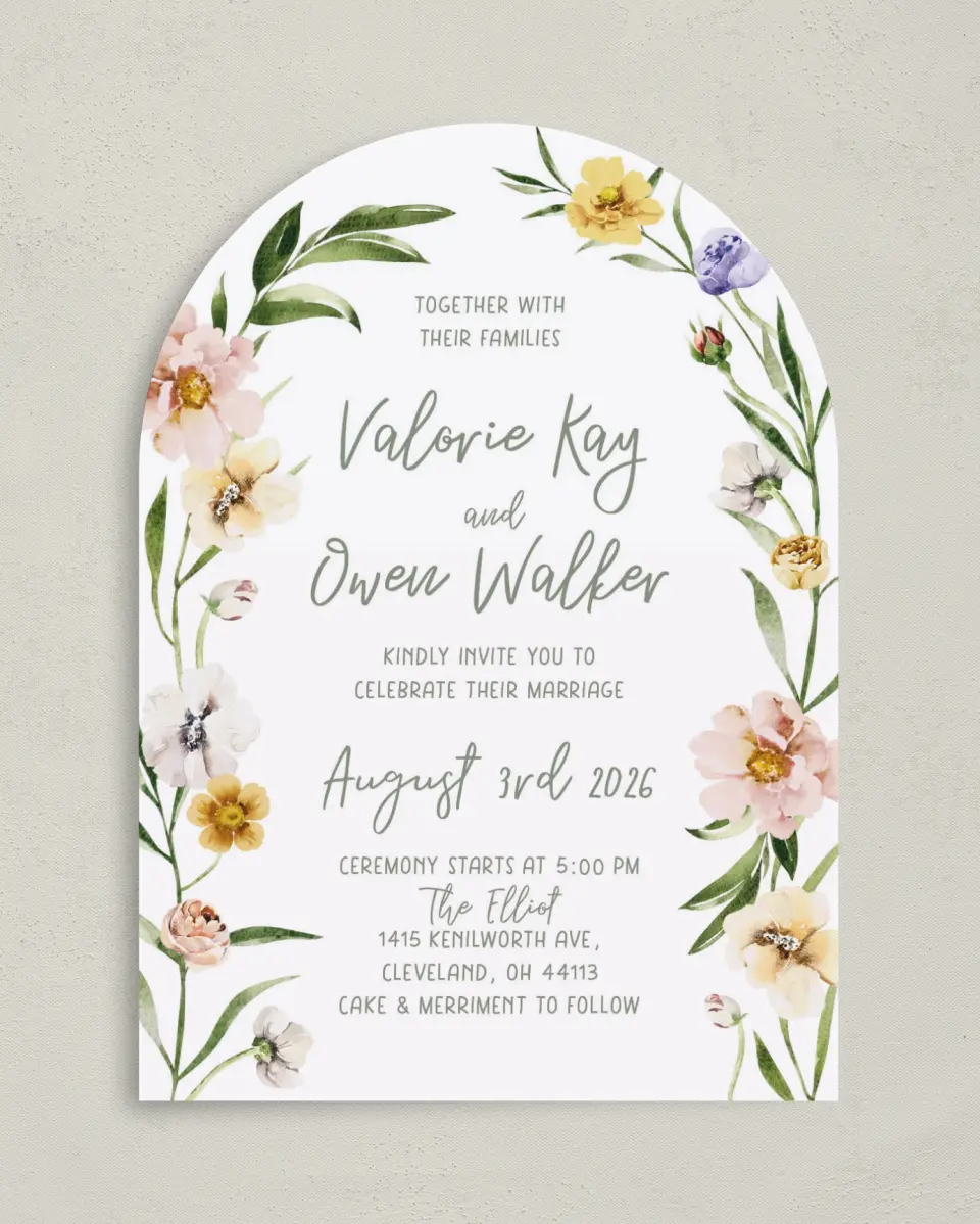 This is a 5" x 7" Arch Wedding Invitation called Hopeful Floral printed in full color on Luxe Satin paper
