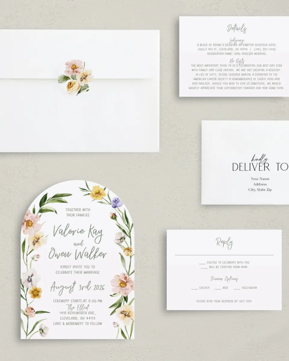 This is a 5" x 7" Arch Wedding Invitation called Hopeful Floral printed in full color with Silver foil on Luxe Satin paper
