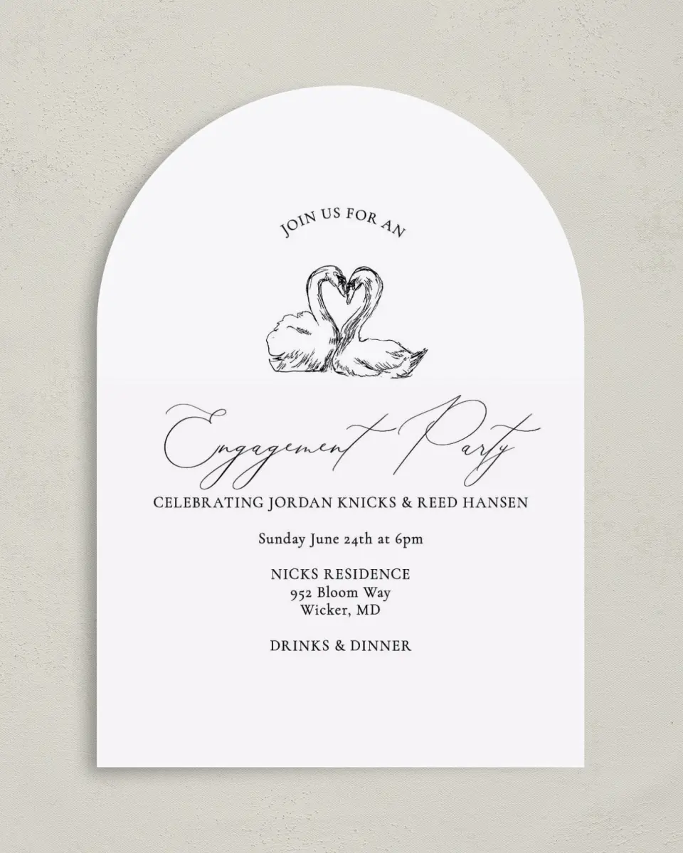 This is a 5" x 7" Engagement Party Invitation called Stunning Swans printed in full color with Silver foil on Luxe Satin paper