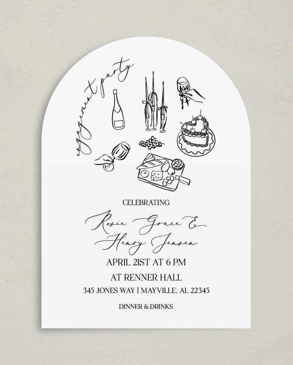 This is a 5" x 7" Engagement Party Invitation called Stay a While printed in full color on Luxe Satin paper