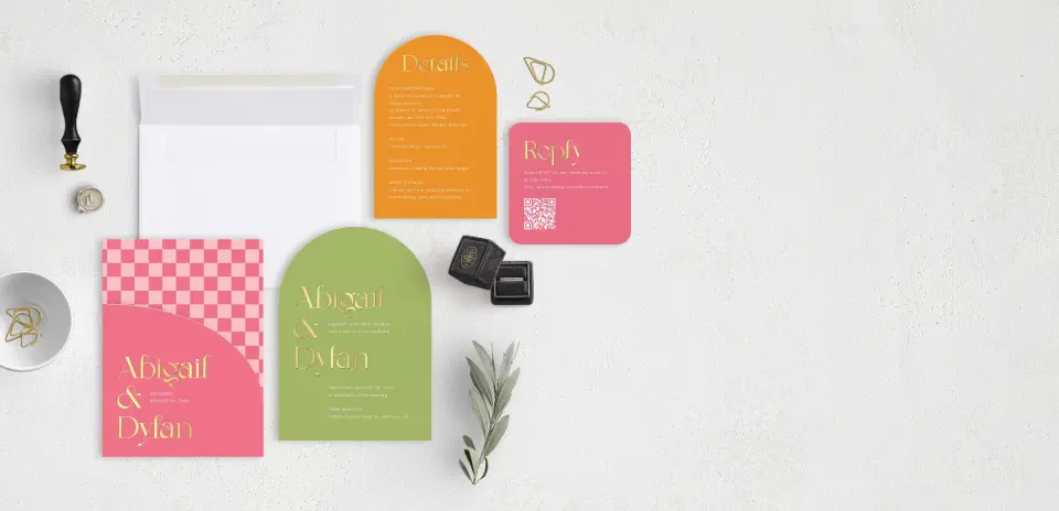 Stacked Wedding Invitations with pocket and coordinating items