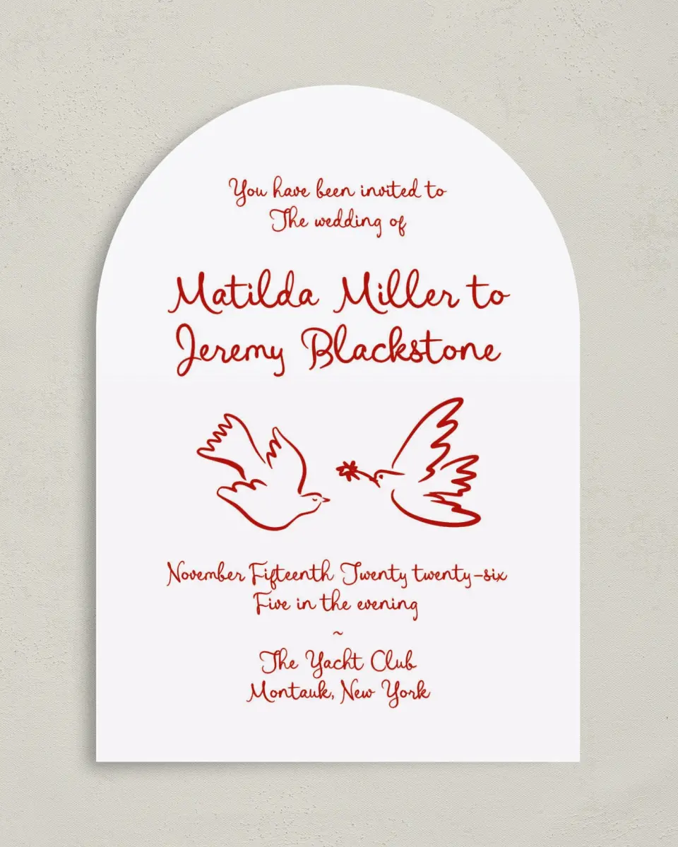 This is a 5" x 7" Arch Wedding Invitation called Love Birds printed in full color on Luxe Satin paper