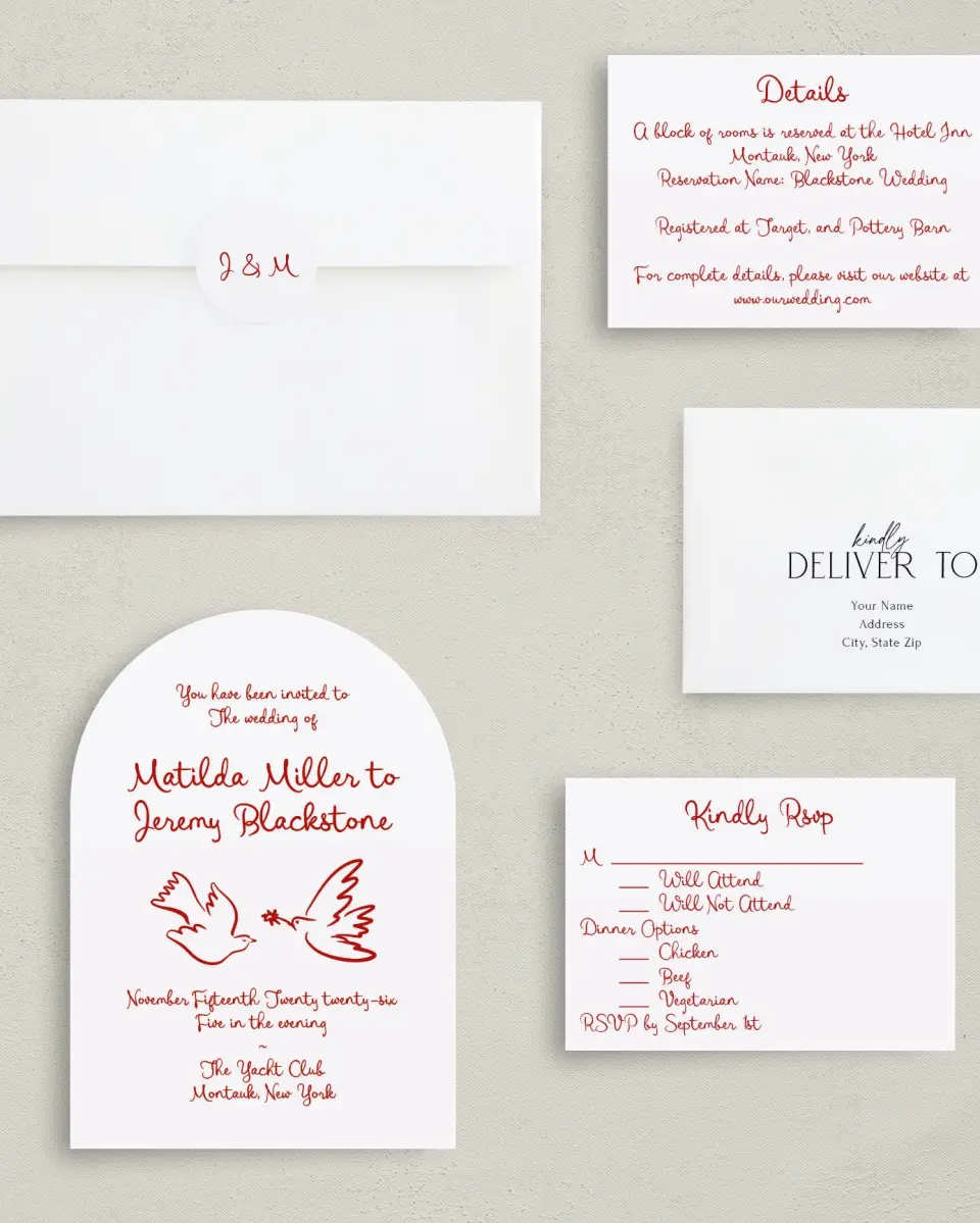 This is a 5" x 7" Arch Wedding Invitation called Love Birds printed in full color with Gold foil on Luxe Satin paper