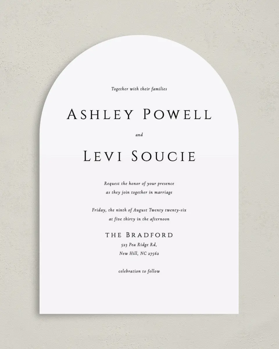 This is a 5" x 7" Arch Wedding Invitation called Classic Romance printed in full color on Luxe Satin paper