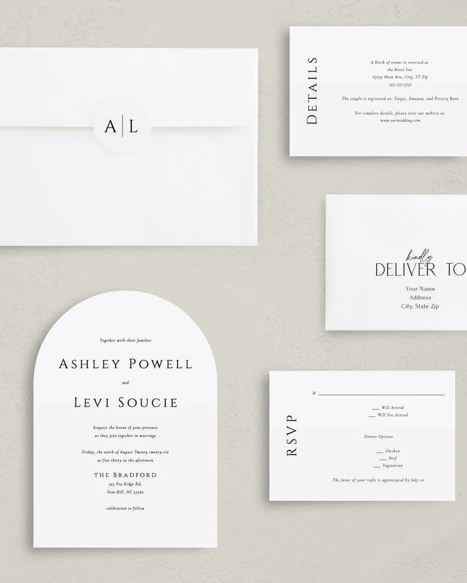 This is a 5" x 7" Arch Wedding Invitation called Classic Romance printed in full color with Silver foil on Luxe Satin paper