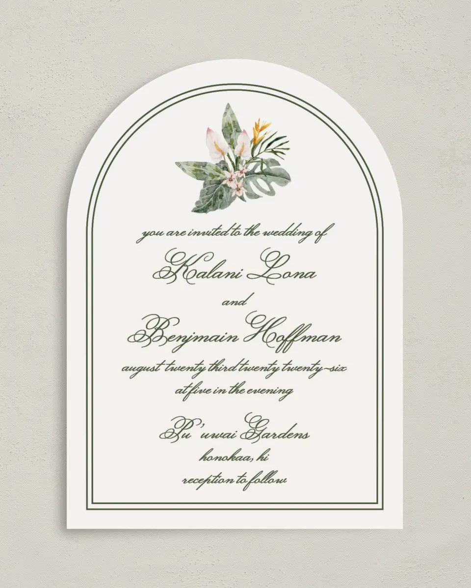 This is a 5" x 7" Arch Wedding Invitation called Aloha Amore printed in full color on Luxe Satin paper