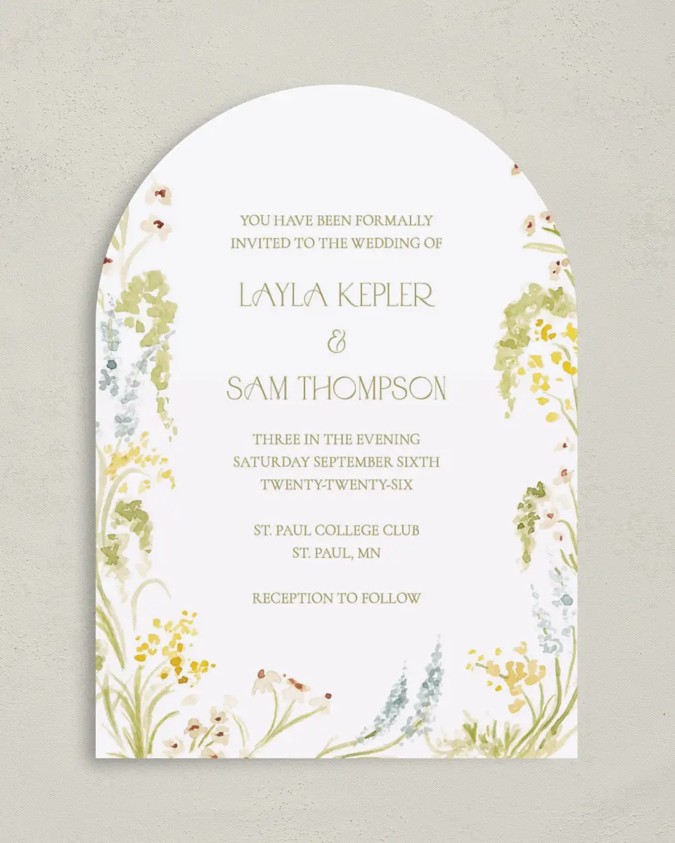 This is a 5" x 7" Arch Wedding Invitation called Forever in Bloom printed in full color on Luxe Satin paper