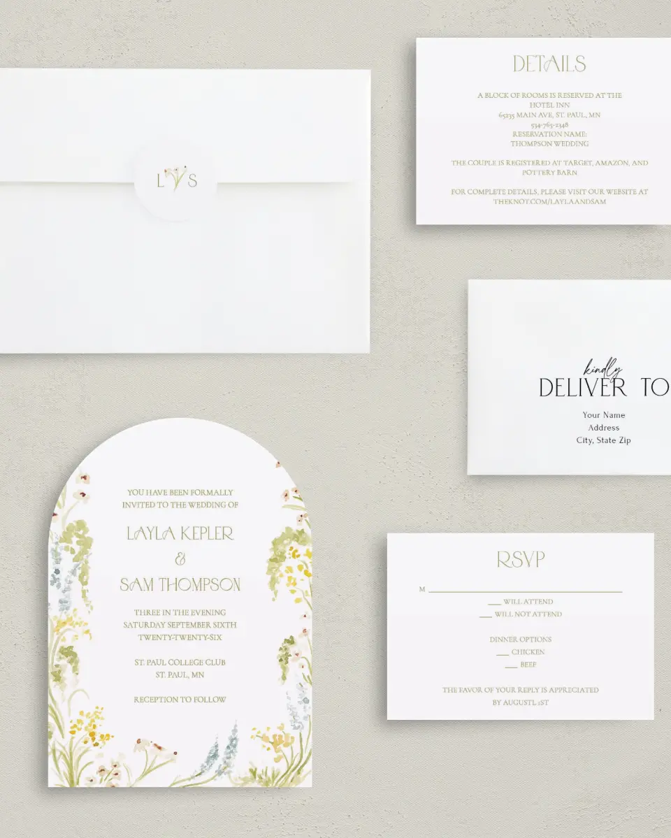 This is a 5" x 7" Arch Wedding Invitation called Forever in Bloom printed in full color with Silver foil on Luxe Satin paper