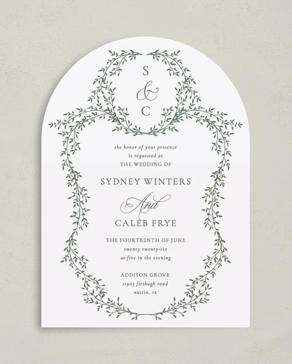 This is a 5" x 7" Arch Wedding Invitation called Elegant Frame printed in full color on Luxe Satin paper