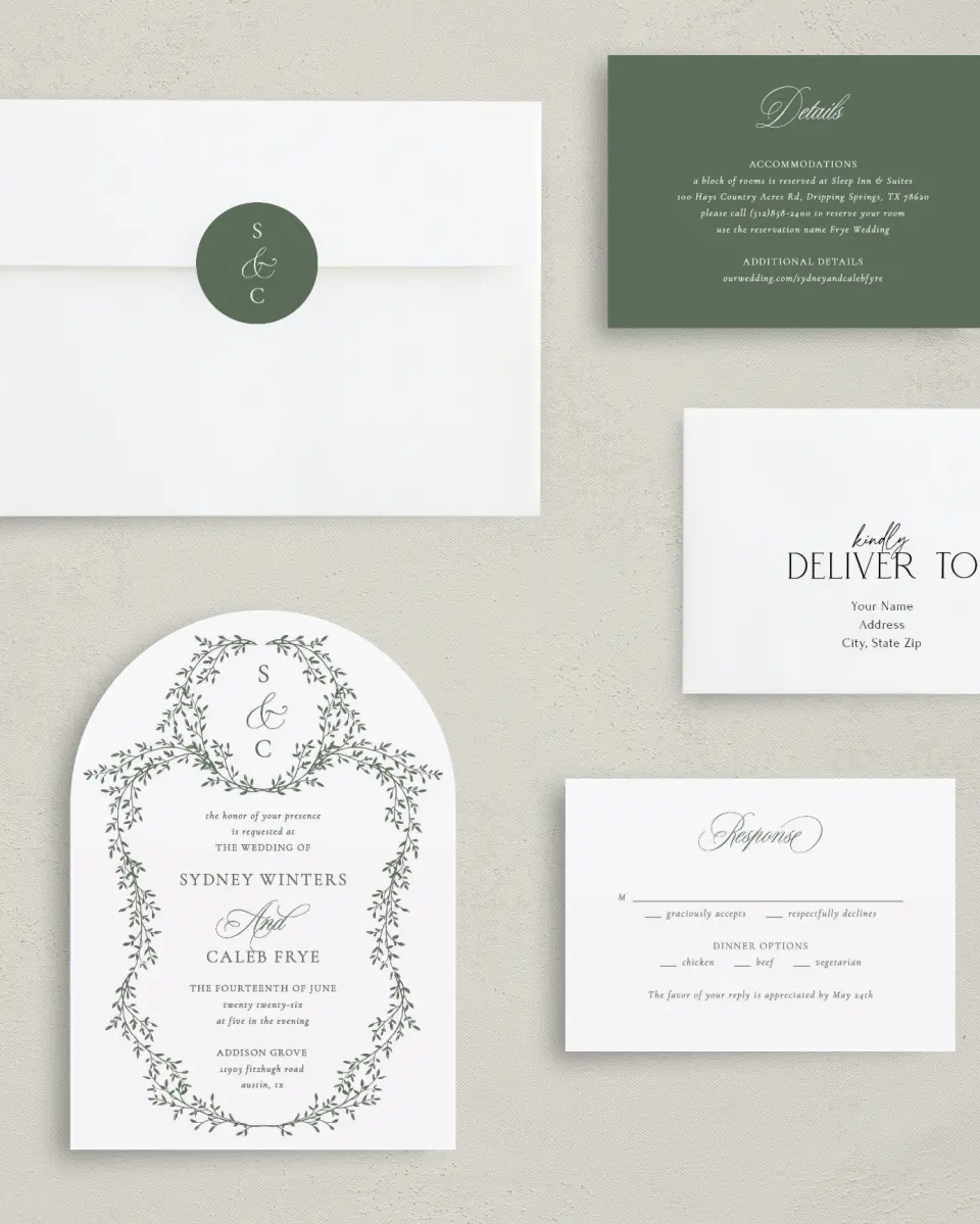 This is a 5" x 7" Arch Wedding Invitation called Elegant Frame printed in full color with Silver foil on Luxe Satin paper