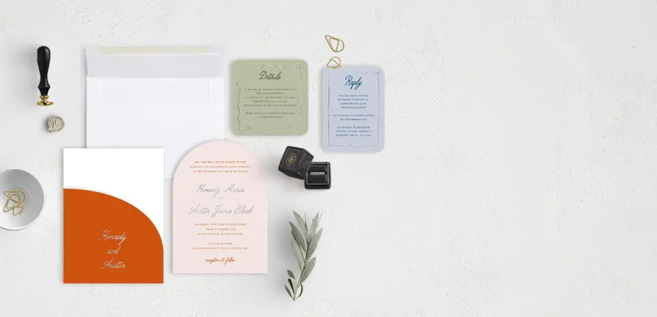 Stacked Wedding Invitations with pocket and coordinating items