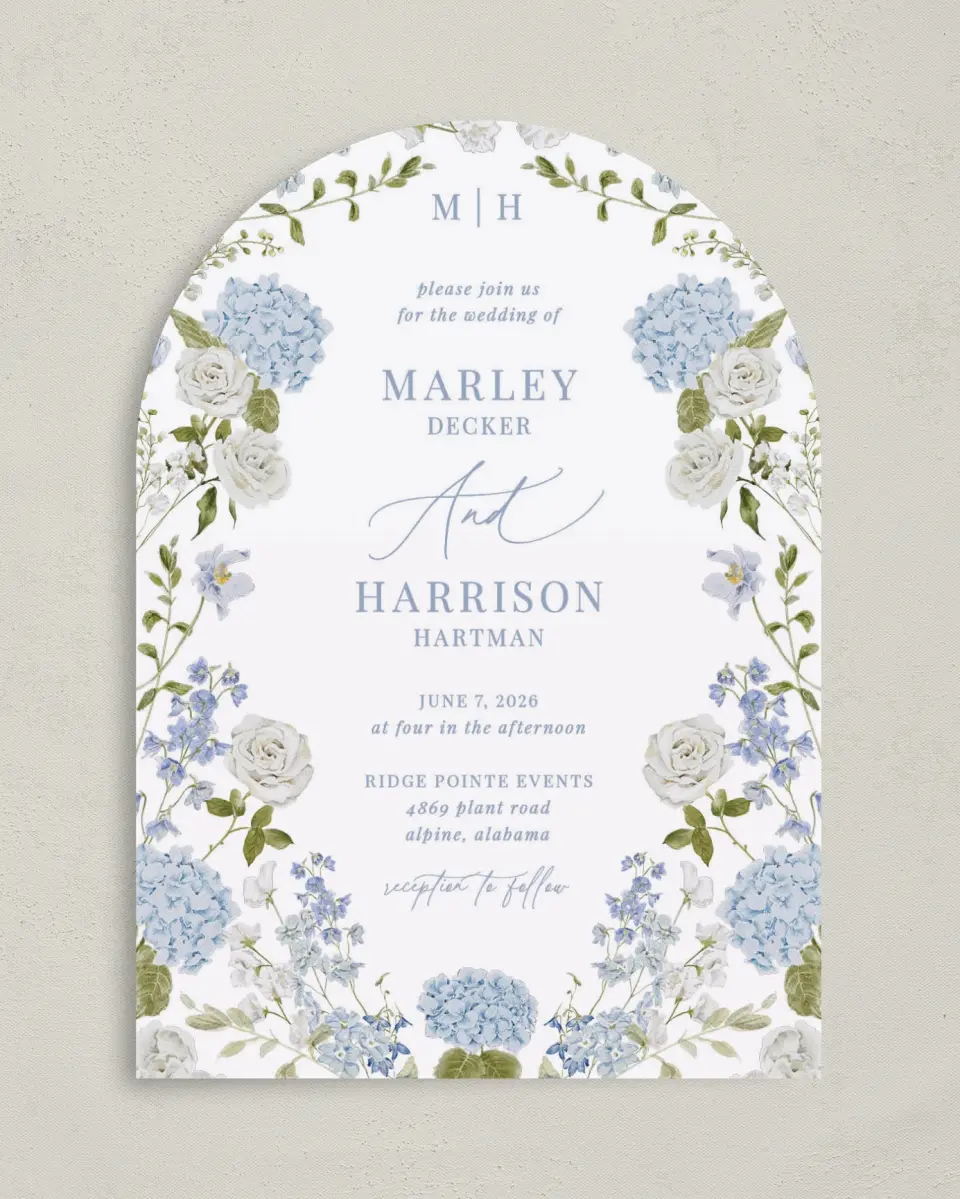 This is a 5" x 7" Arch Wedding Invitation called Blue Blossoms printed in full color on Luxe Satin paper