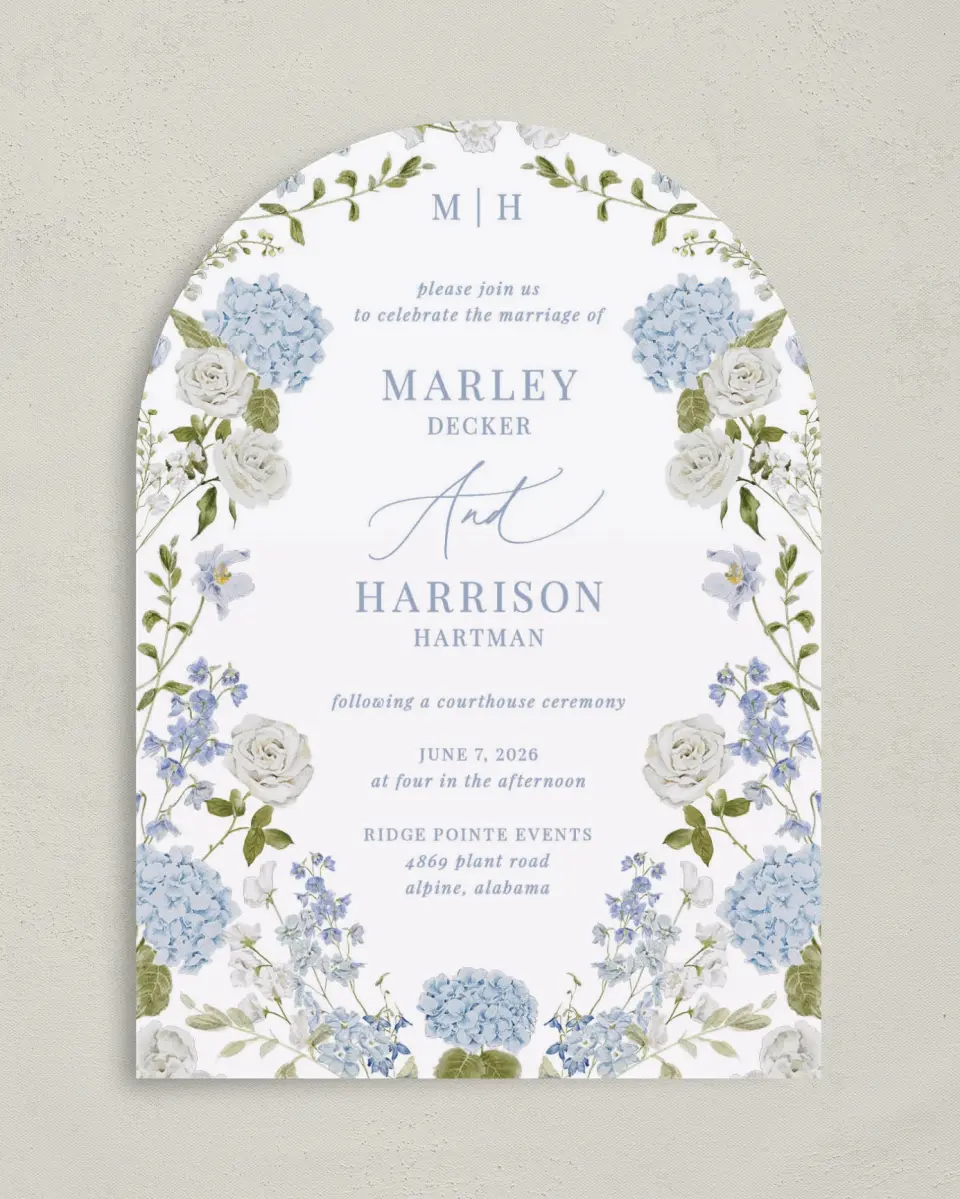 This is a 5" x 7" Reception-Only - CP called Blue Blossoms printed in full color on Luxe Satin paper
