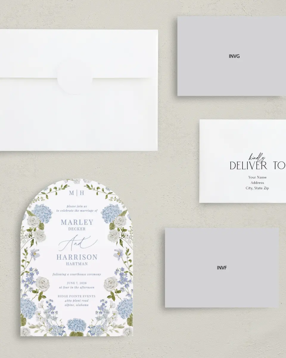 This is a 5" x 7" Reception-Only - CP called Blue Blossoms printed in full color on Luxe Satin paper