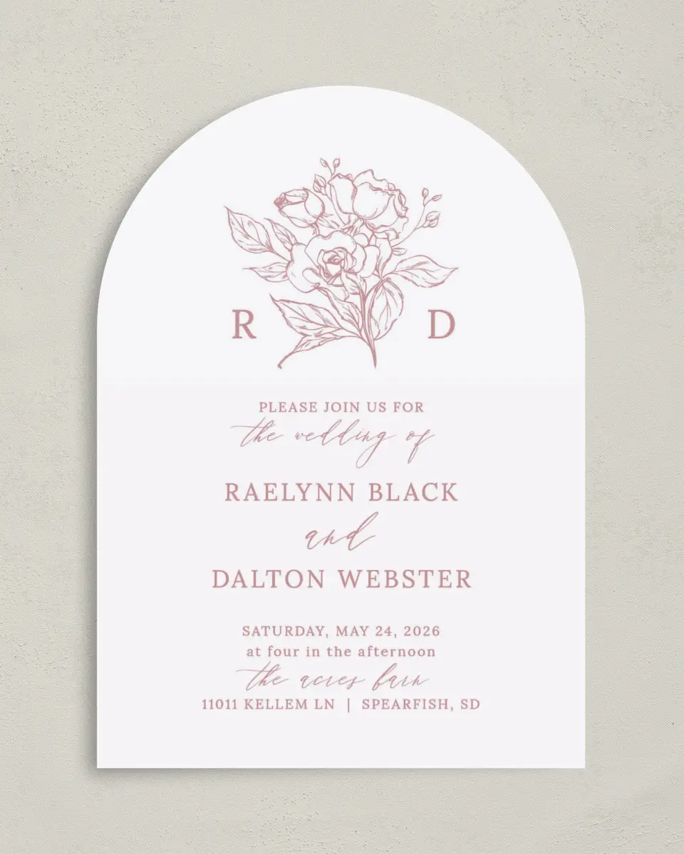 This is a 5" x 7" Arch Wedding Invitation called Blushing Rose printed in full color on Luxe Satin paper