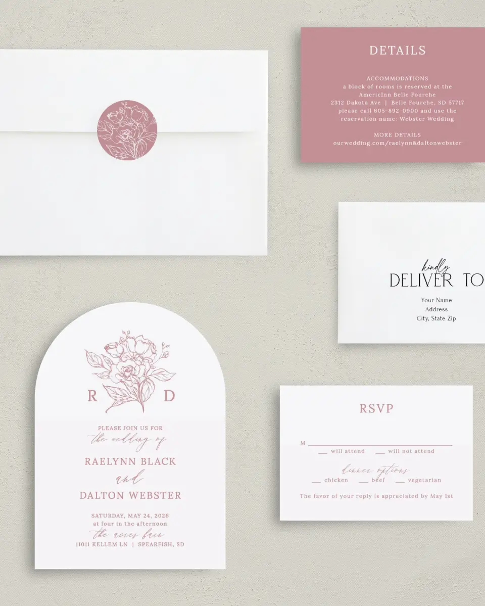 This is a 5" x 7" Arch Wedding Invitation called Blushing Rose printed in full color with Silver foil on Luxe Satin paper
