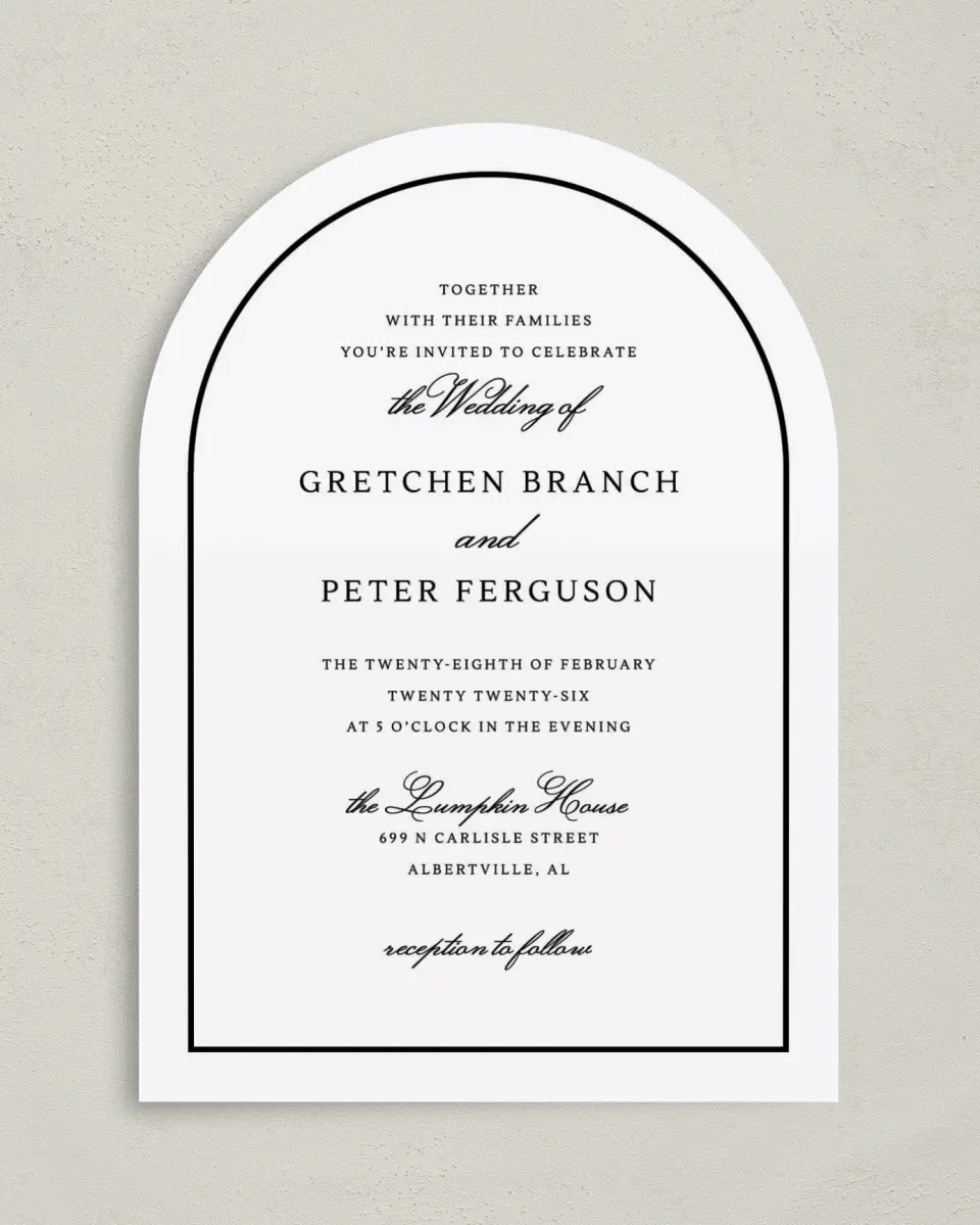 This is a 5" x 7" Arch Wedding Invitation called Elegant Tradition printed in full color on Luxe Satin paper
