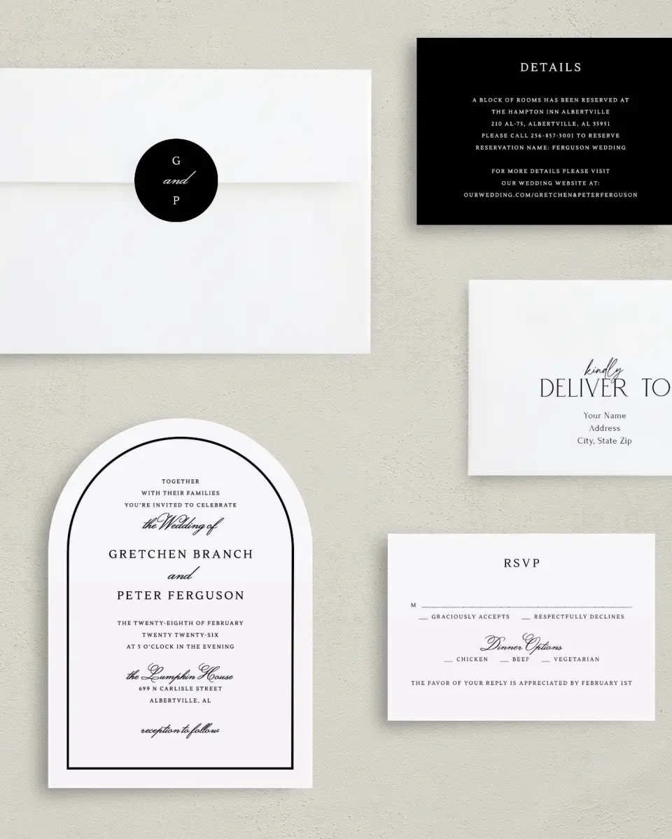 This is a 5" x 7" Arch Wedding Invitation called Elegant Tradition printed in full color with Gold foil on Luxe Satin paper
