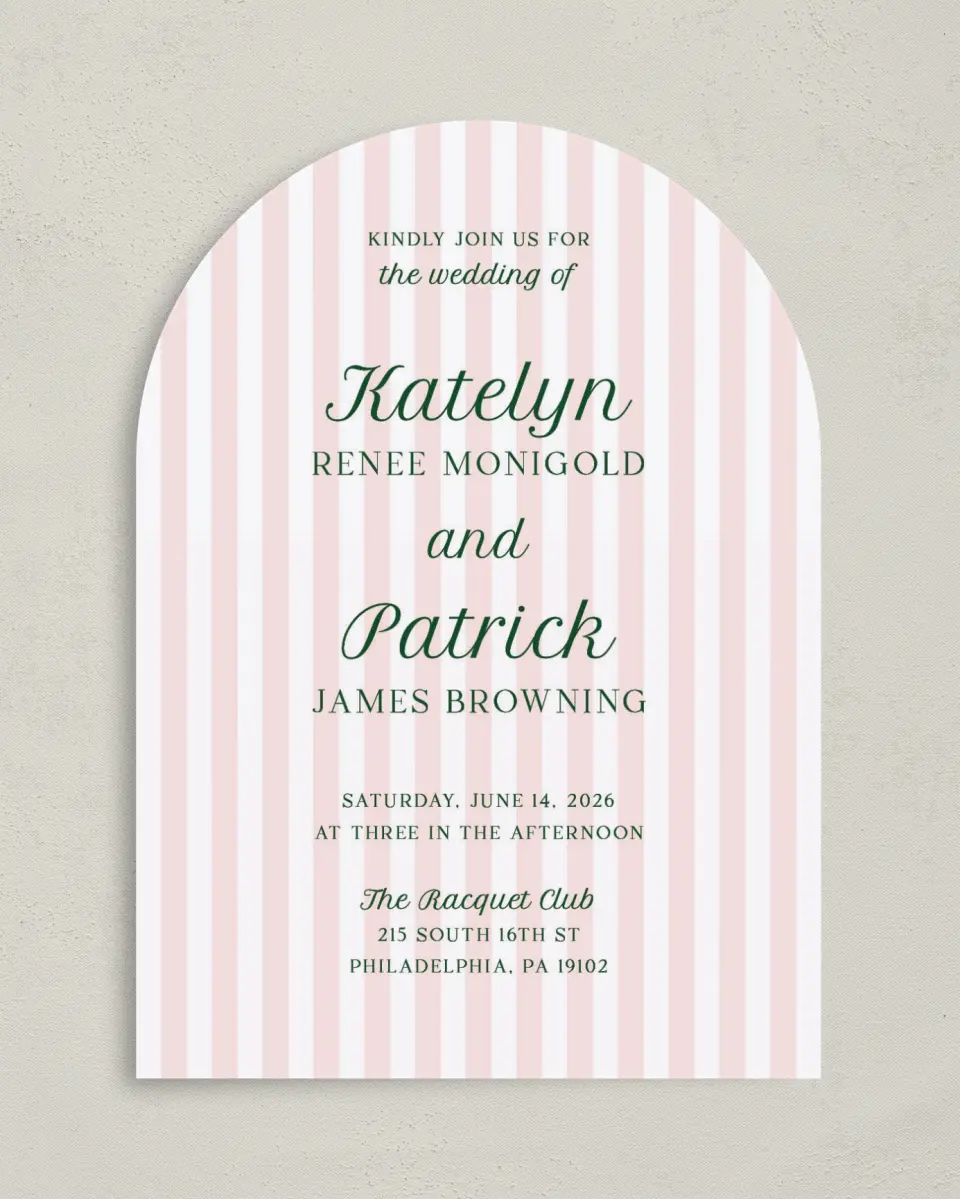 This is a 5" x 7" Arch Wedding Invitation called A Perfect Match printed in full color on Luxe Satin paper