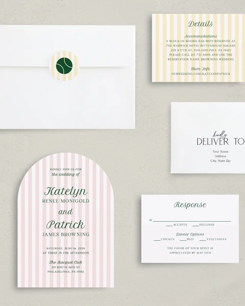 This is a 5" x 7" Arch Wedding Invitation called A Perfect Match printed in full color with Rose Gold foil on Luxe Satin paper