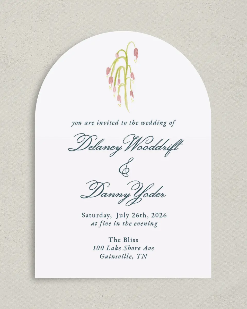 This is a 5" x 7" Arch Wedding Invitation called Garden of Vows printed in full color on Luxe Satin paper