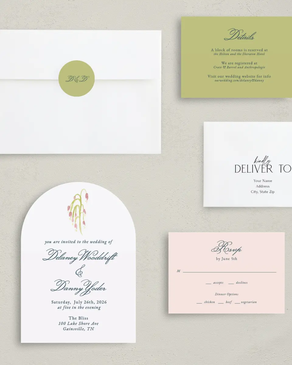 This is a 5" x 7" Arch Wedding Invitation called Garden of Vows printed in full color with Gold foil on Luxe Satin paper