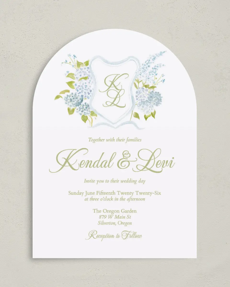 This is a 5" x 7" Arch Wedding Invitation called Southern Belle printed in full color on Luxe Satin paper