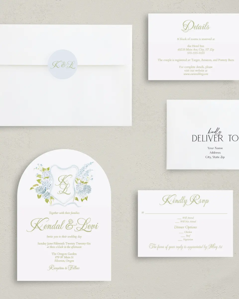 This is a 5" x 7" Arch Wedding Invitation called Southern Belle printed in full color with Gold foil on Luxe Satin paper