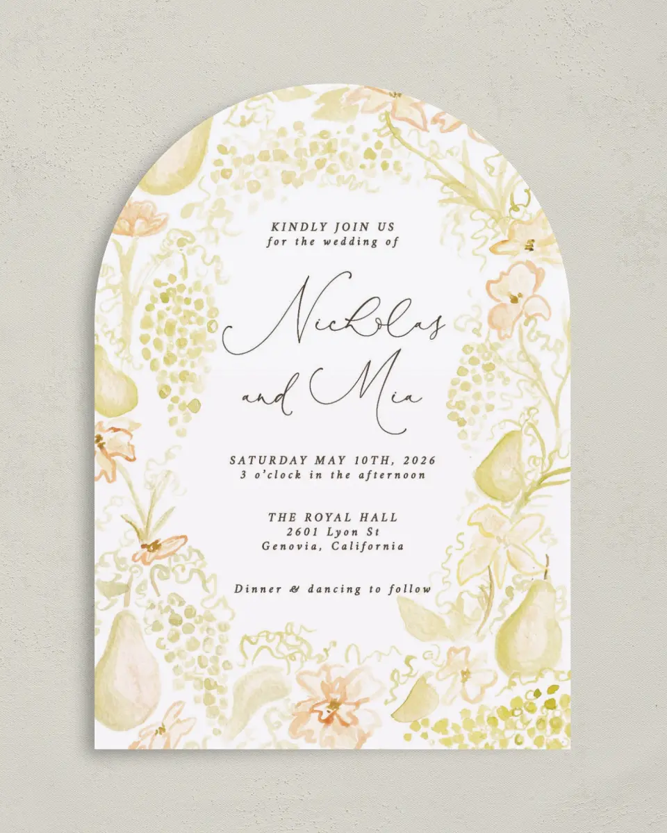 This is a 5" x 7" Arch Wedding Invitation called Royal Glory printed in full color on Luxe Satin paper