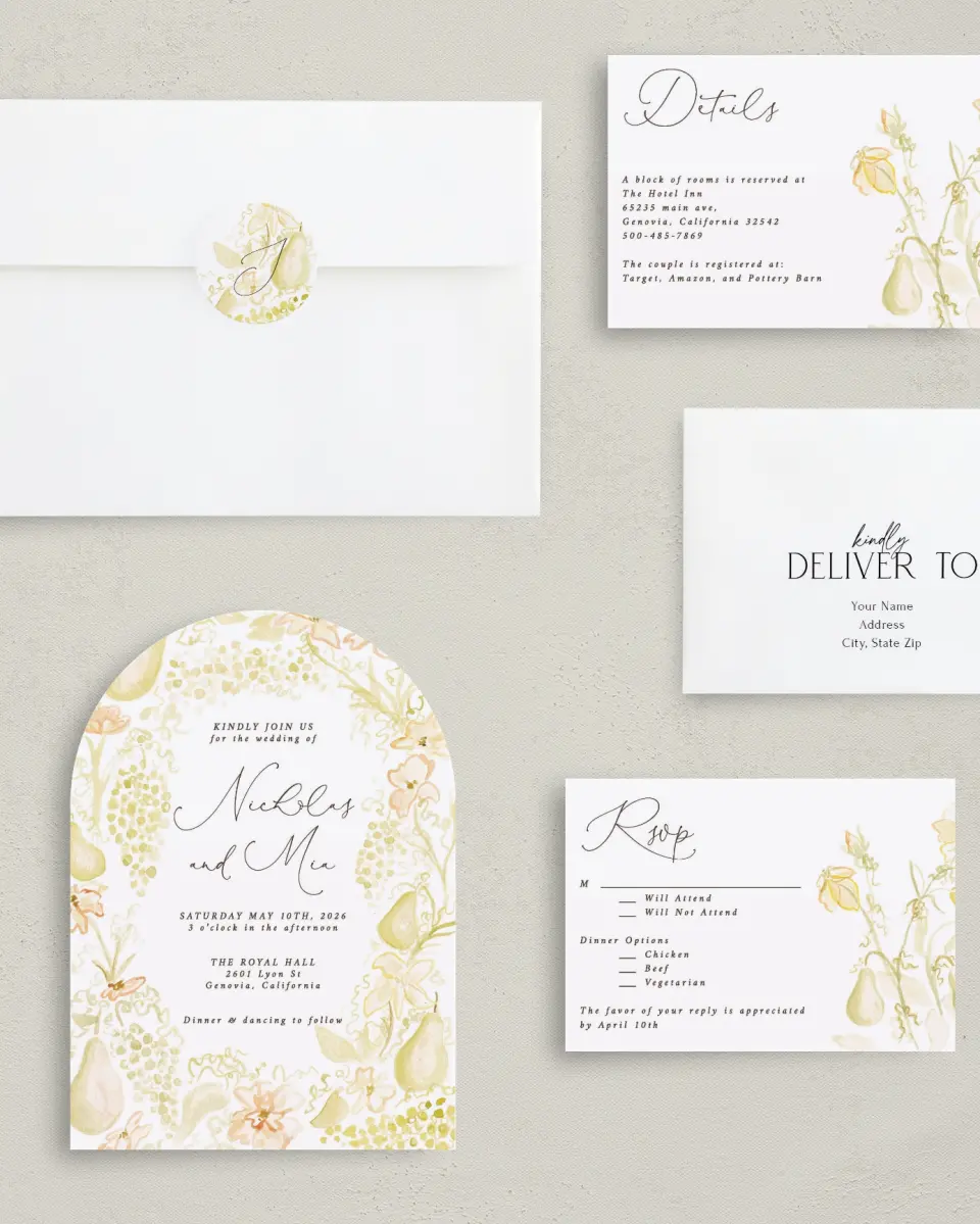 This is a 5" x 7" Arch Wedding Invitation called Royal Glory printed in full color with Gold foil on Luxe Satin paper