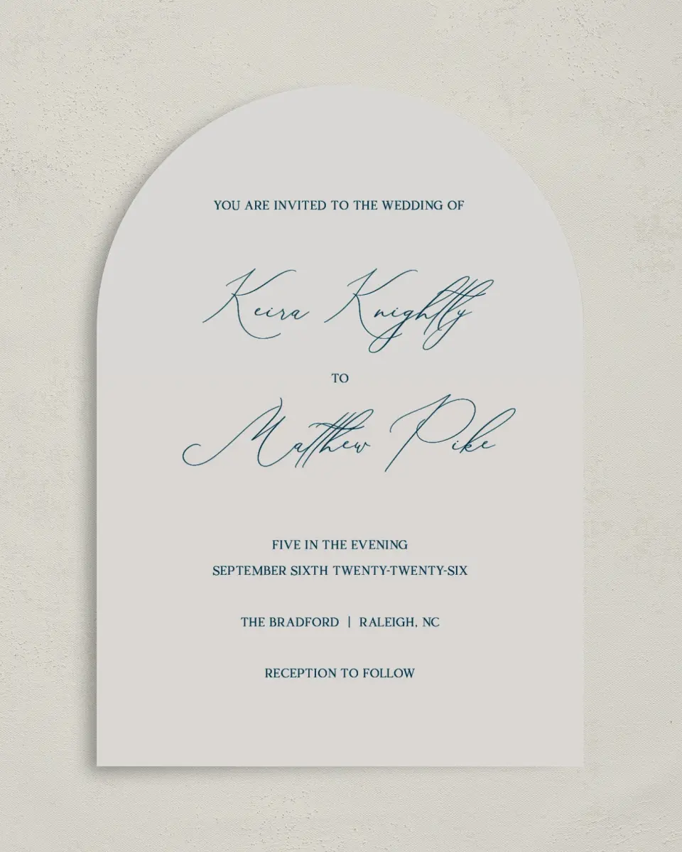 This is a 5" x 7" Arch Wedding Invitation called Bridge To Love printed in full color on Luxe Satin paper
