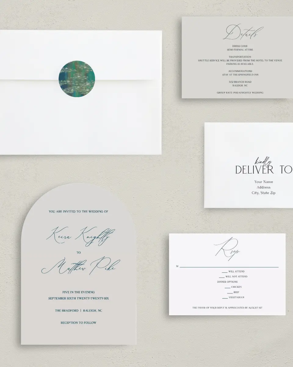 This is a 5" x 7" Arch Wedding Invitation called Bridge To Love printed in full color with Gold foil on Luxe Satin paper