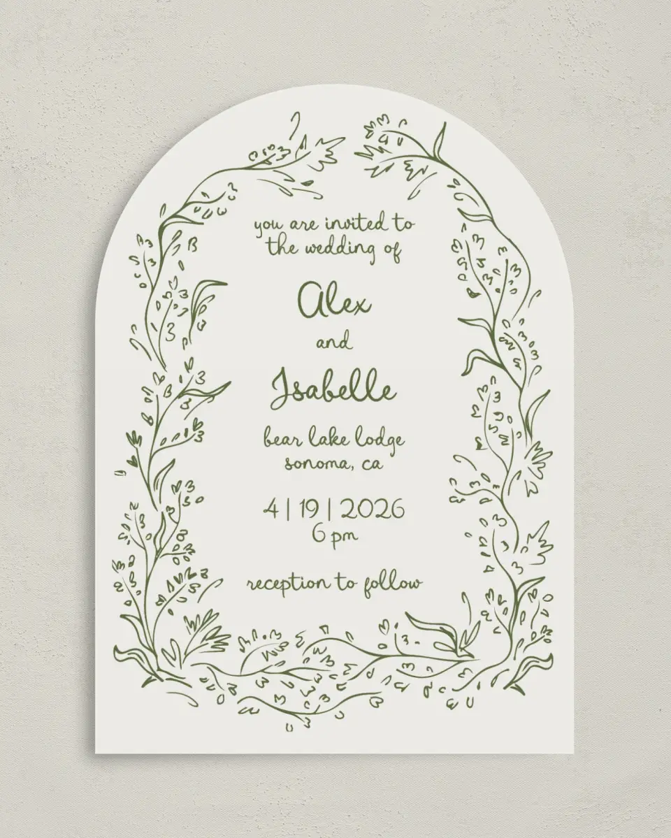 This is a 5" x 7" Arch Wedding Invitation called Sweet Woodland printed in full color with Silver foil on Luxe Satin paper