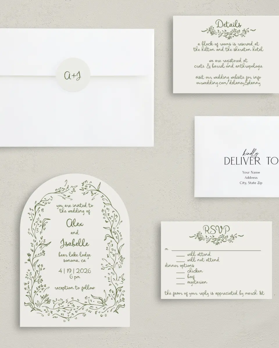 This is a 5" x 7" Arch Wedding Invitation called Sweet Woodland printed in full color with Silver foil on Luxe Satin paper