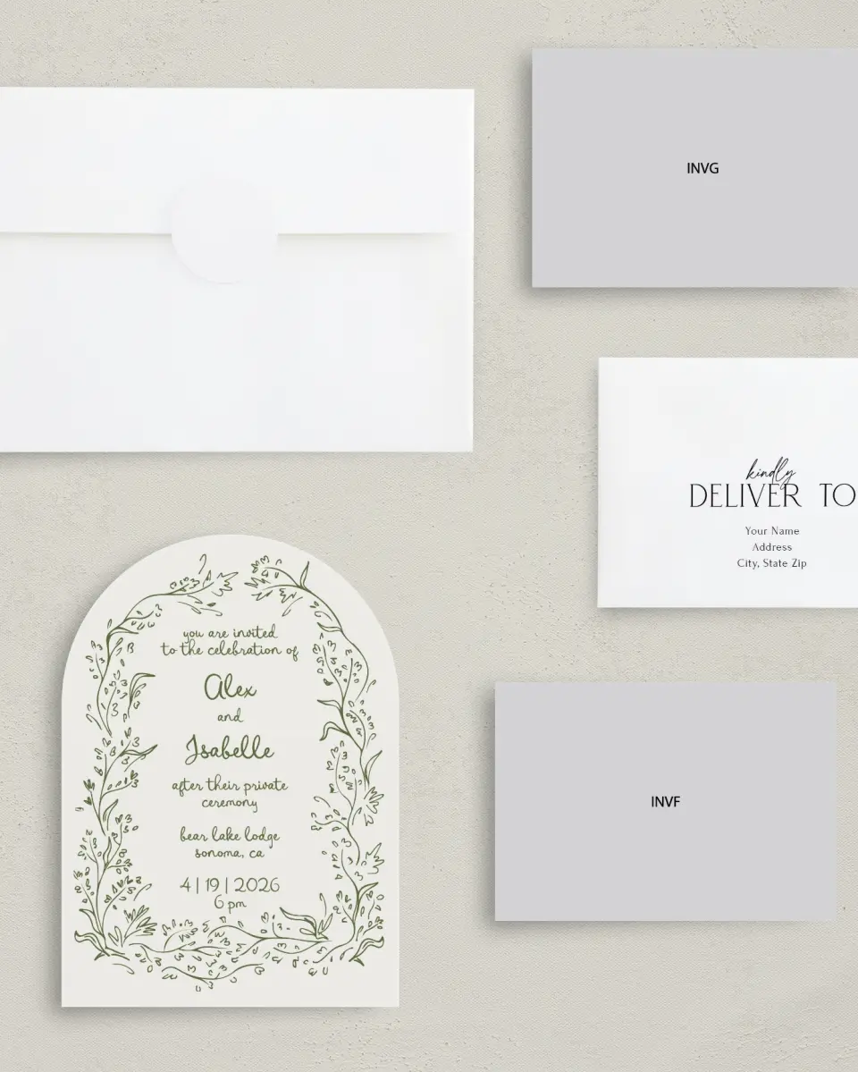 This is a 5" x 7" Reception-Only - CP called Sweet Woodland printed in full color on Luxe Satin paper