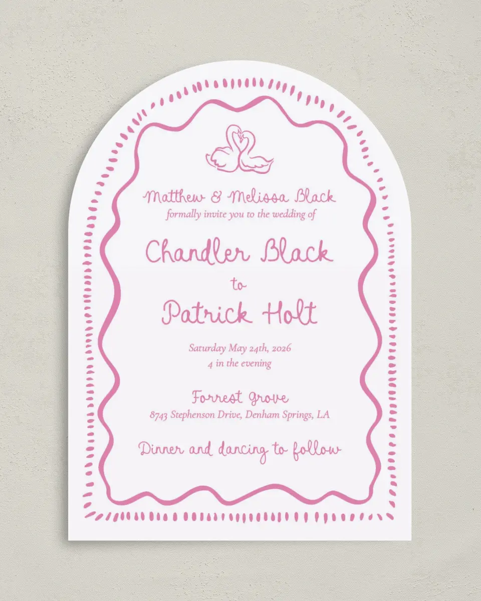 This is a 5" x 7" Arch Wedding Invitation called Swan Love printed in full color on Luxe Satin paper