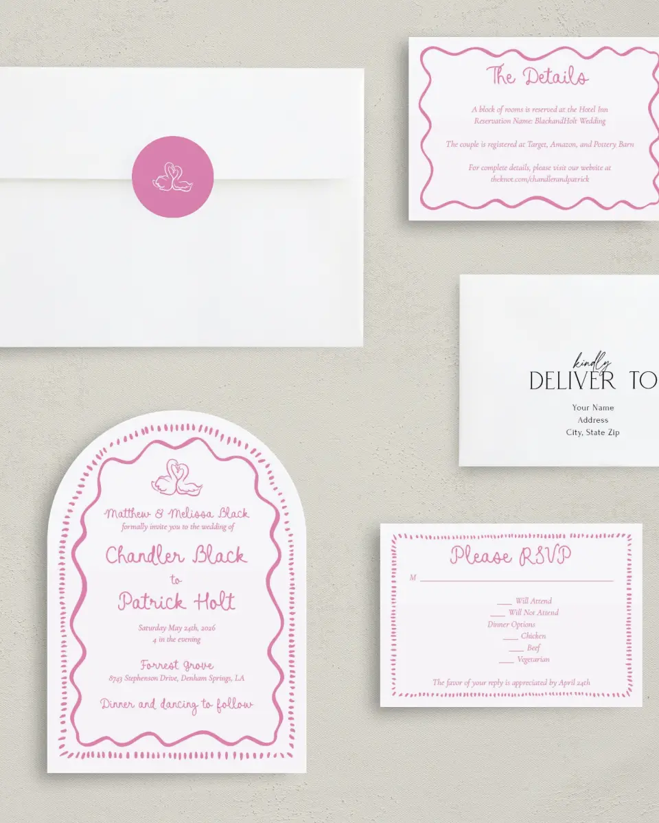 This is a 5" x 7" Arch Wedding Invitation called Swan Love printed in full color on Luxe Satin paper