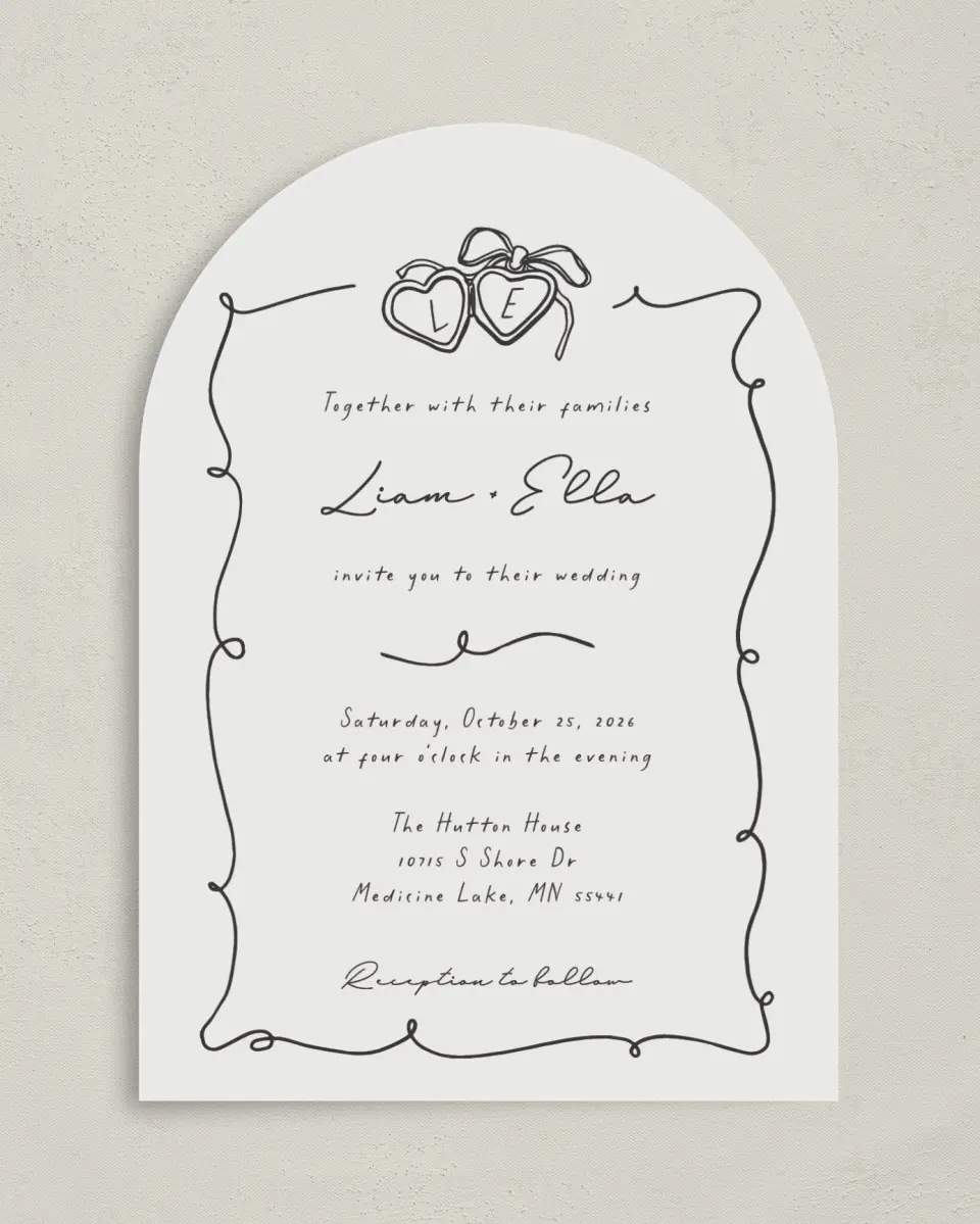 This is a 5" x 7" Arch Wedding Invitation called Locket of Love printed in full color on Luxe Satin paper
