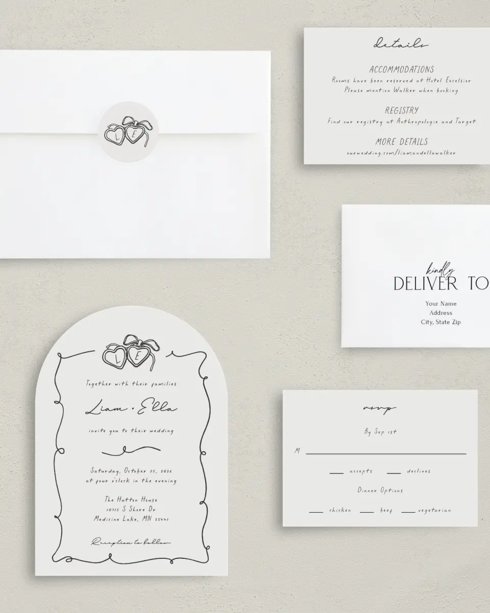 This is a 5" x 7" Arch Wedding Invitation called Locket of Love printed in full color with Rose Gold foil on Luxe Satin paper