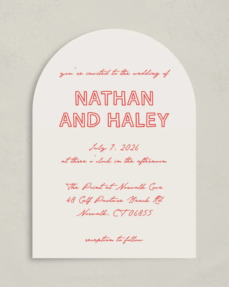 This is a 5" x 7" Arch Wedding Invitation called Bold & Bright printed in full color on Luxe Satin paper