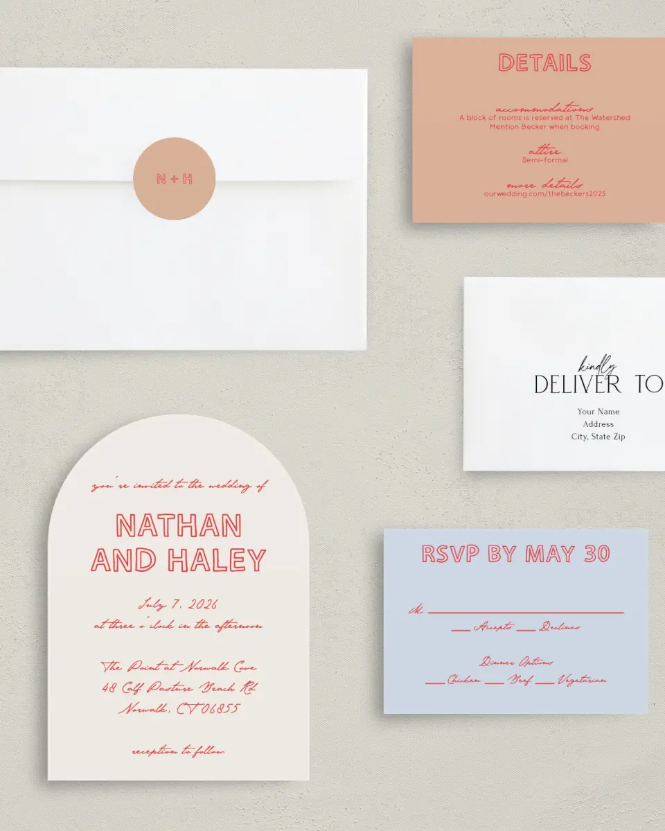 This is a 5" x 7" Arch Wedding Invitation called Bold & Bright printed in full color with Silver foil on Luxe Satin paper