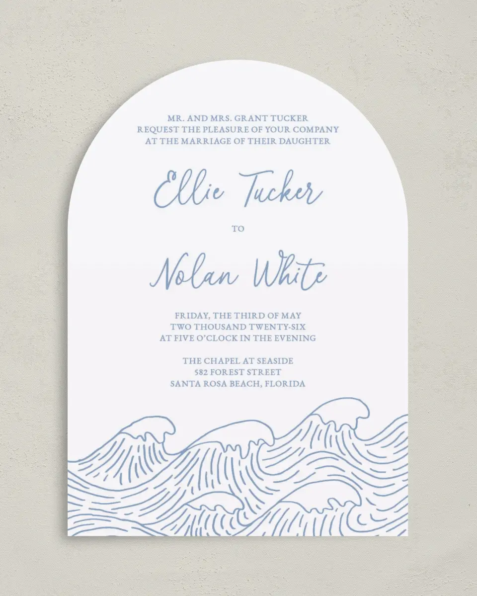 This is a 5" x 7" Arch Wedding Invitation called Wave of Love printed in full color on Luxe Satin paper