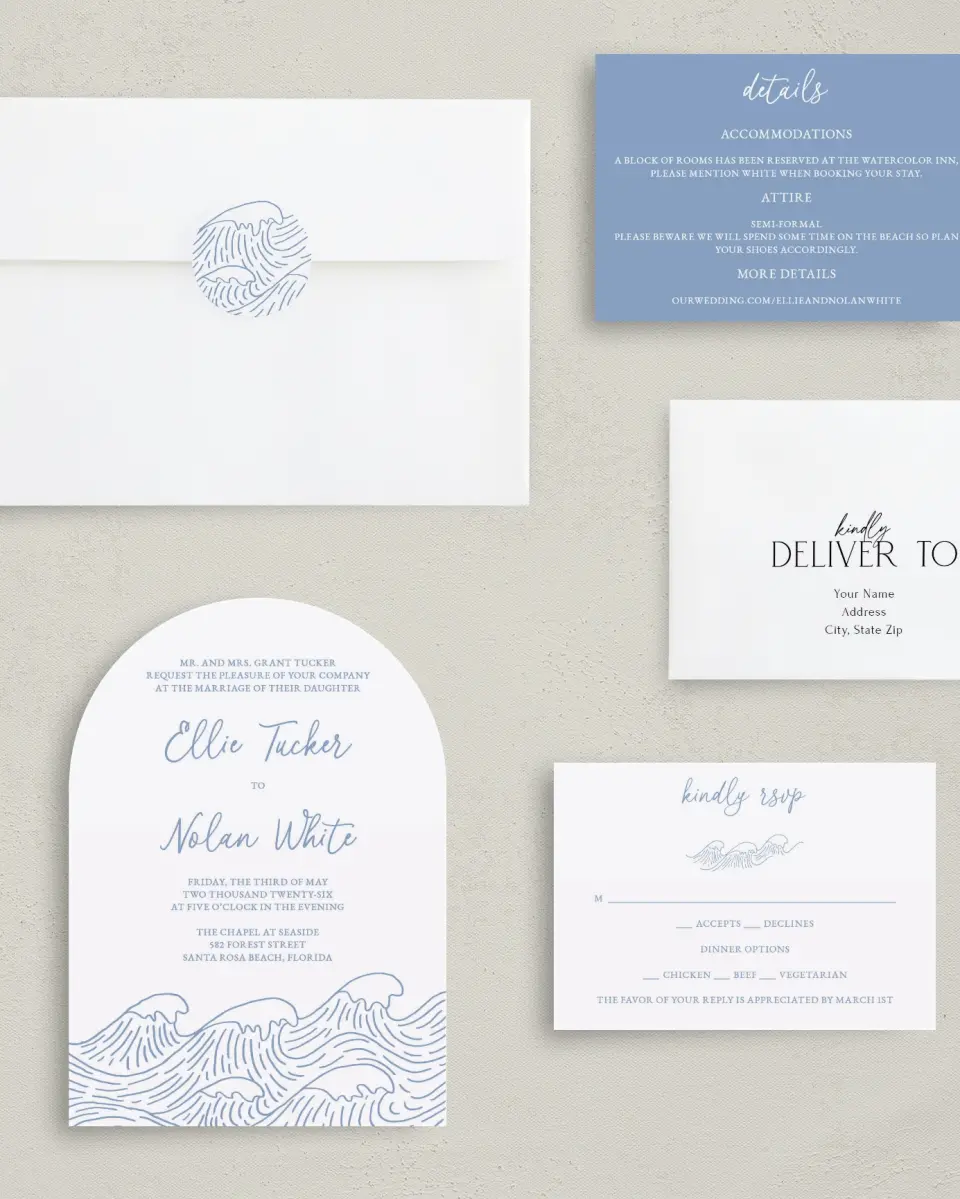 This is a 5" x 7" Arch Wedding Invitation called Wave of Love printed in full color with Silver foil on Luxe Satin paper