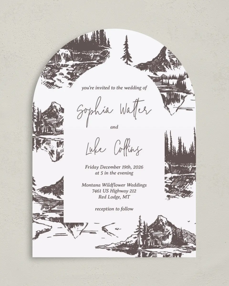 This is a 5" x 7" Arch Wedding Invitation called Mountain Bliss printed in full color on Luxe Satin paper